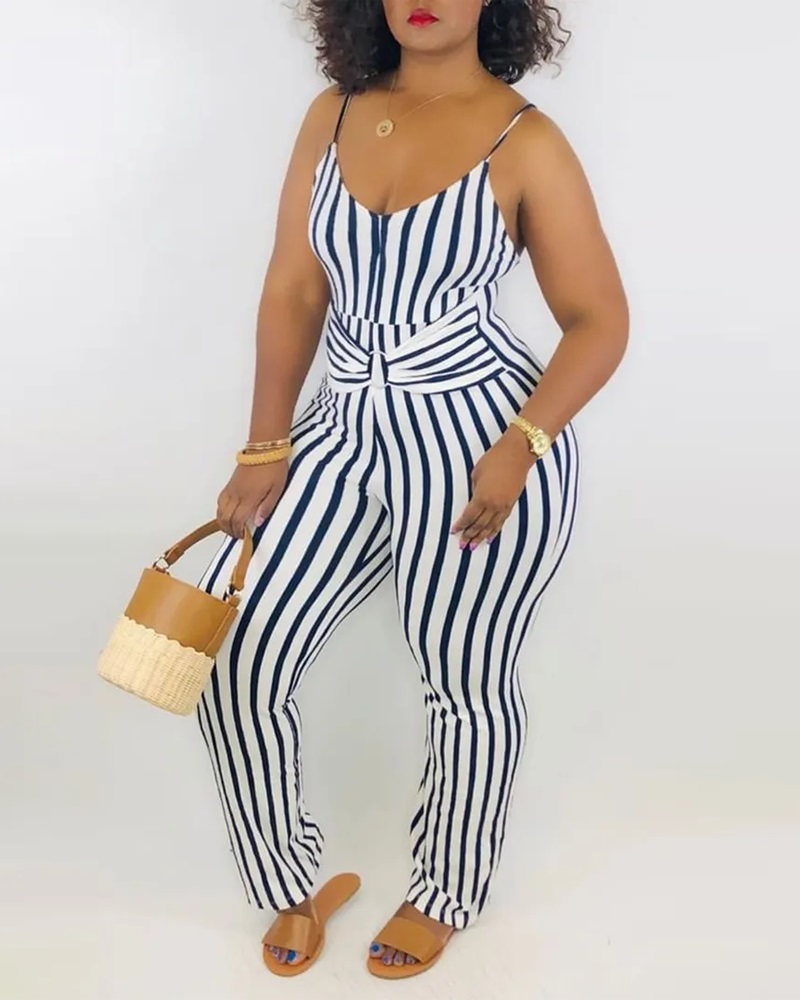 

Striped Print O-Ring Decor Spaghetti Strap Jumpsuit, Purplish blue