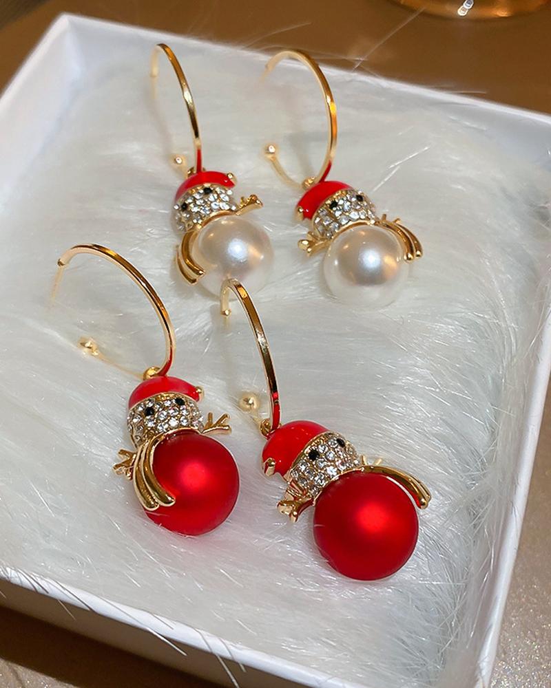 

1Pair Christmas Rhinestone Pearls Snowman Drop Earrings, Red