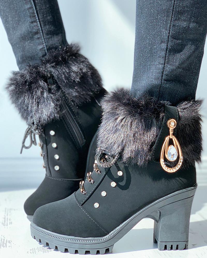 

Fluffy Rhinestone Lace-up Chunky Boots, Black