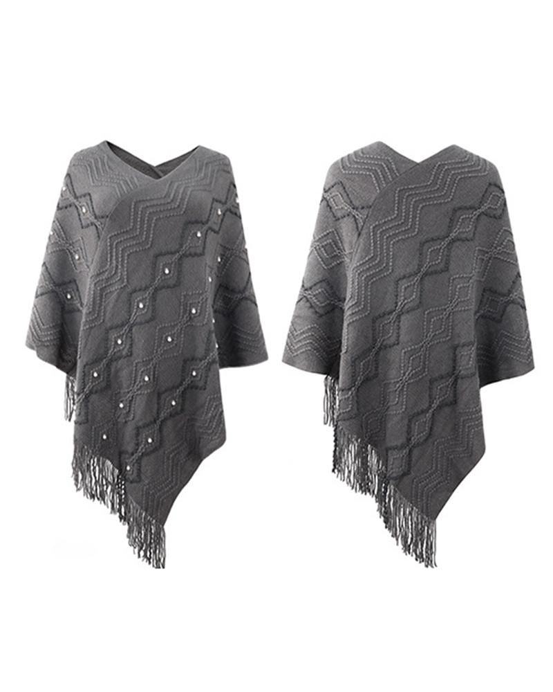 

Geometric Pattern Pearls Decor Tassel Design Knit Cape Sweater, Gray