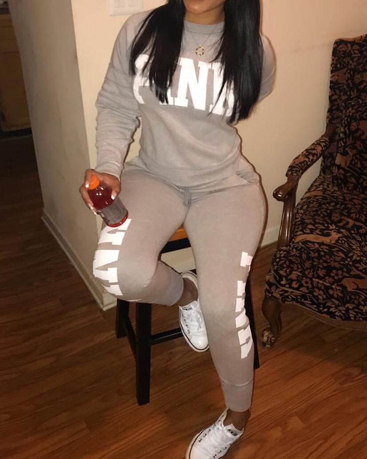 

Trendy Letter Print Sweatshirt Tracksuit, Gray