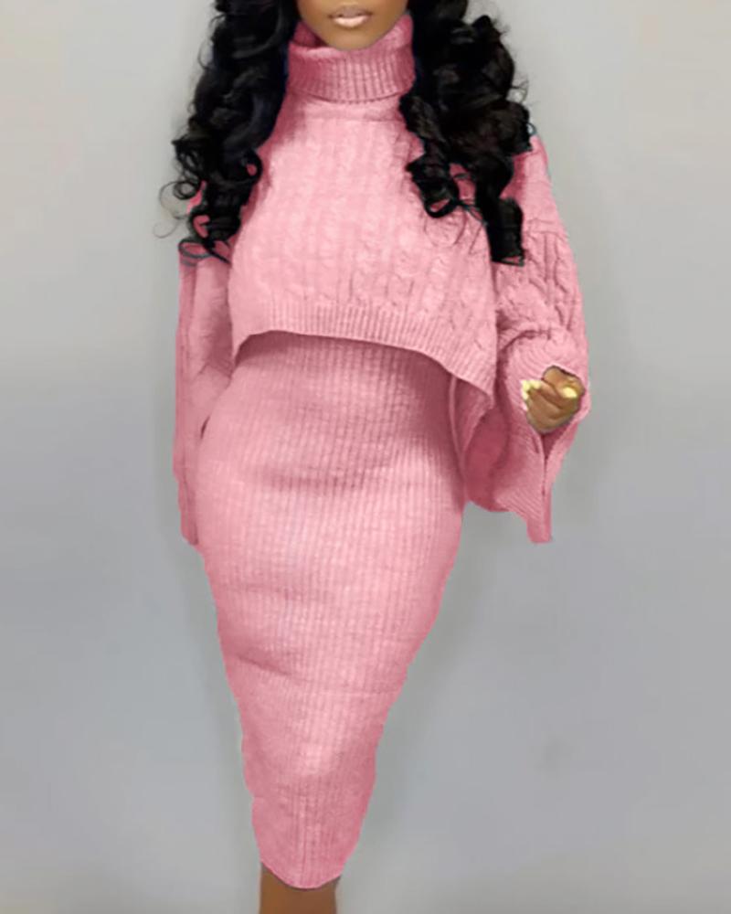 

Solid High Neck Ribbed Sweater & Thin Strap Dress Sets, Pink