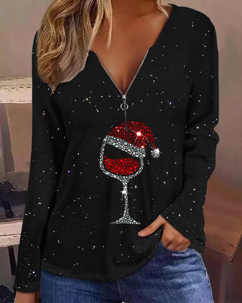 

Christmas Wine Glass Print Long Sleeve Top, Black