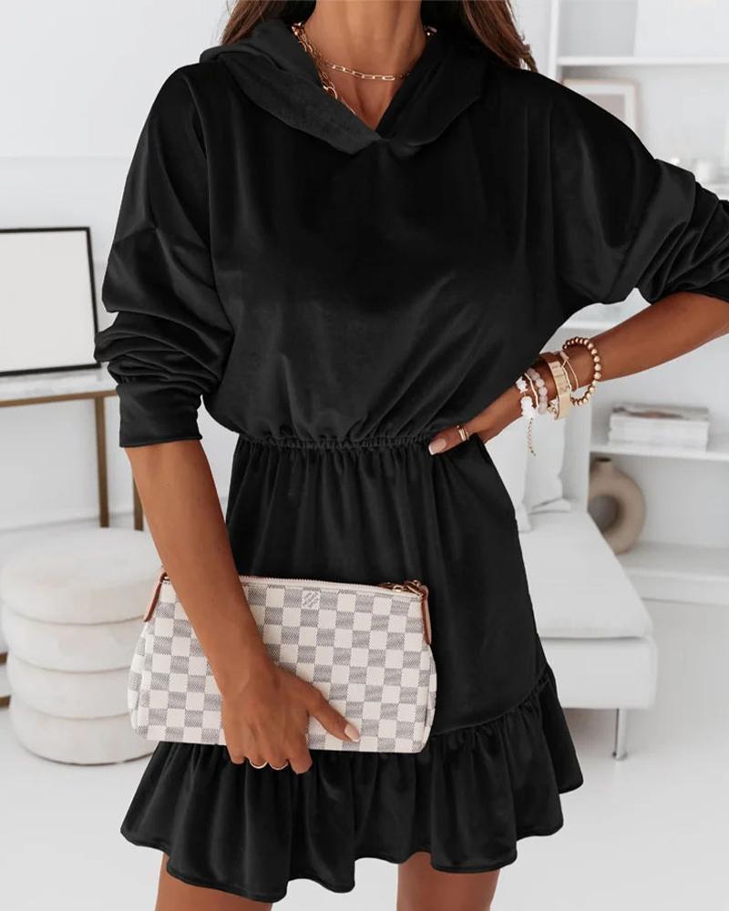 

Velvet Hooded Drop Shoulder Ruffle Hem Casual Dress, Black