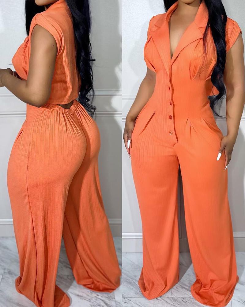 

Cap Sleeve Buttoned Wide Leg Jumpsuit, Orange