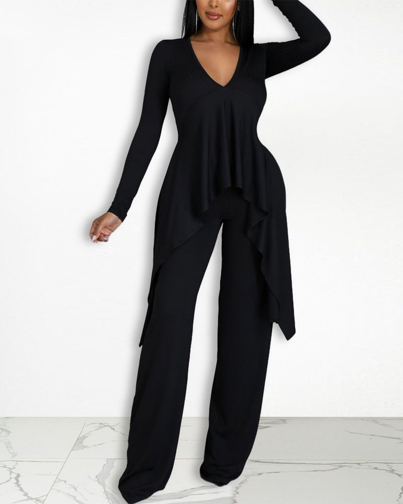 

Long Sleeve Asymmetrical Top & Pants Set, Black