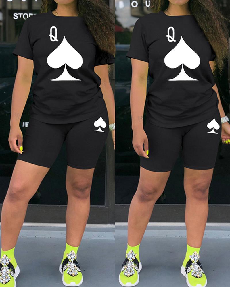 

Poker Print Short Sleeve Top & Skinny Shorts Set, Black