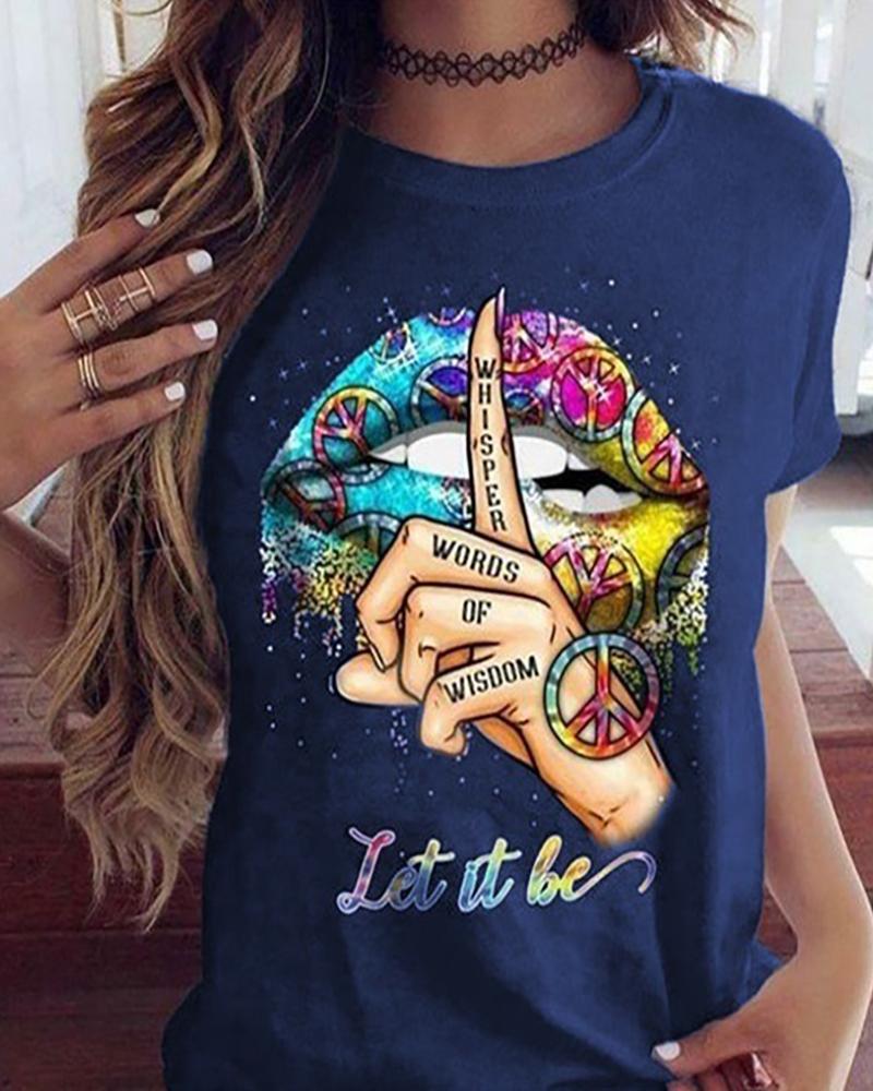 Buy Slogan Print Short Sleeve Casual T-shirt. Picture