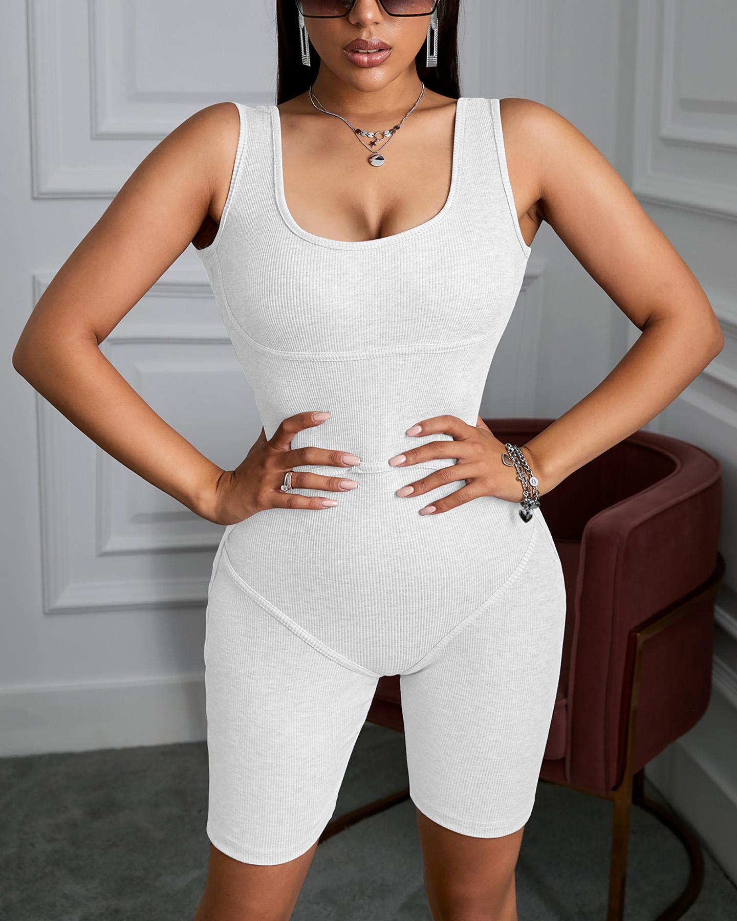 

U-Neck Thick Strap Fitted Romper, White
