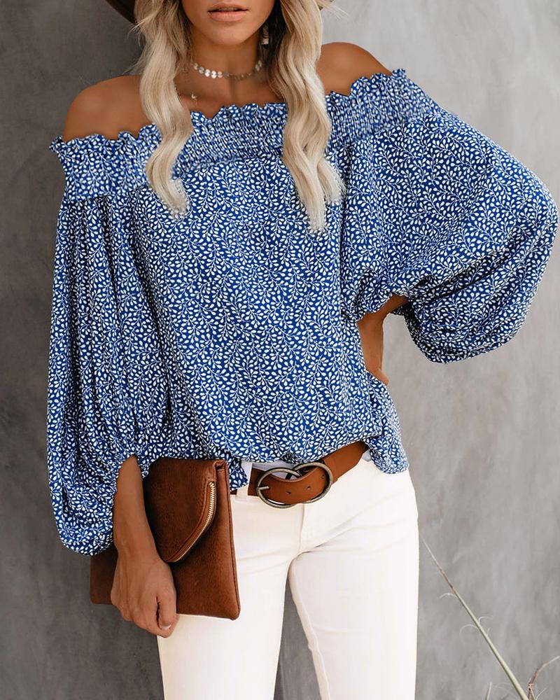 

Off Shoulder Floral Print Lantern Sleeve Top, Blue