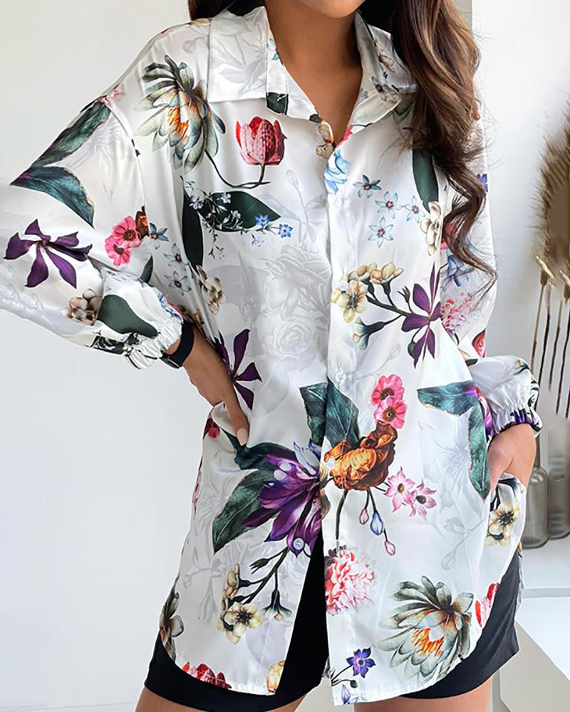 

Floral Print Buttoned Long Sleeve Shirt, White