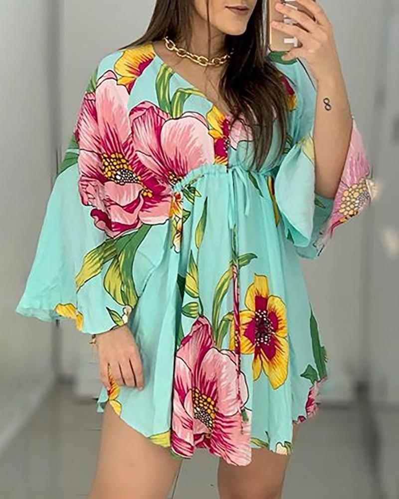 

V-Neck Bell Sleeve Floral Print Dress, Light green