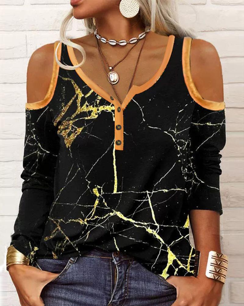 

Marble Print Cold Shoulder Top, Black