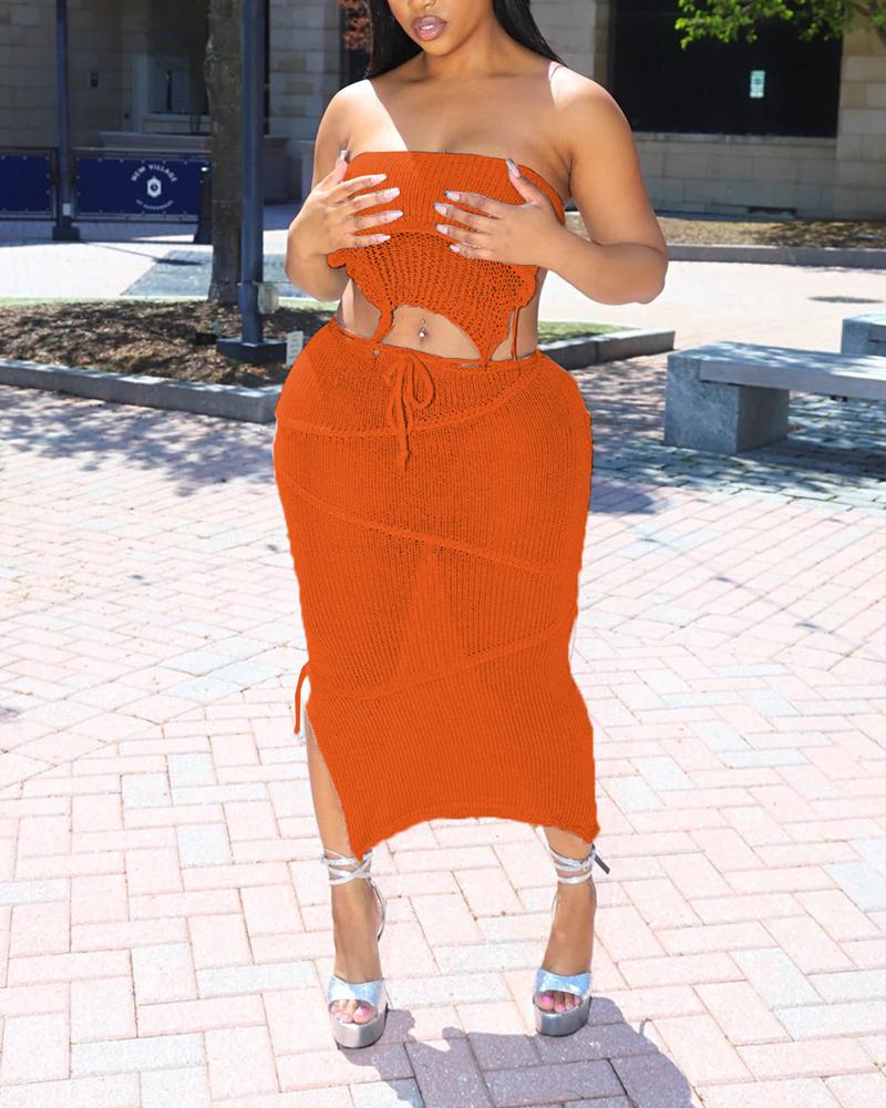 

Hollow Out Backless Crop Top & Slit Skirt Set, Orange