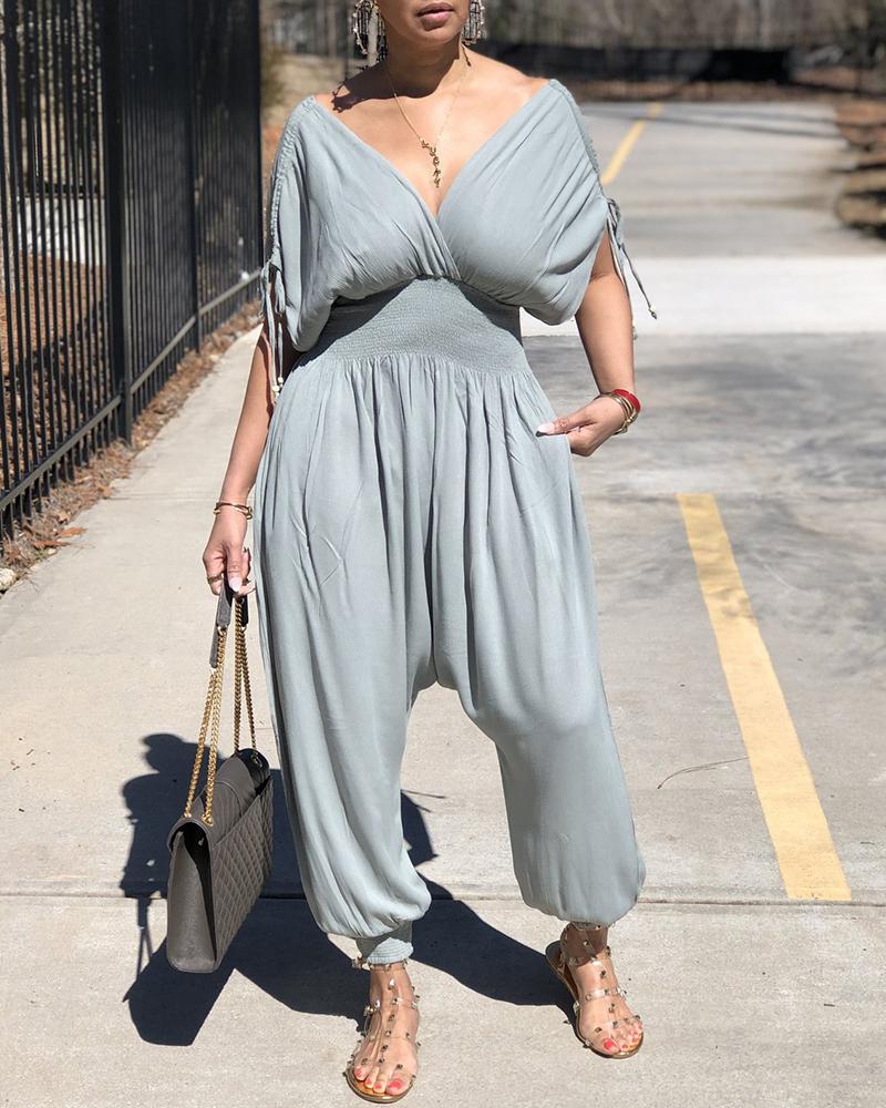 

Drawstring Ruched Shirring Waist Jumpsuit, Gray