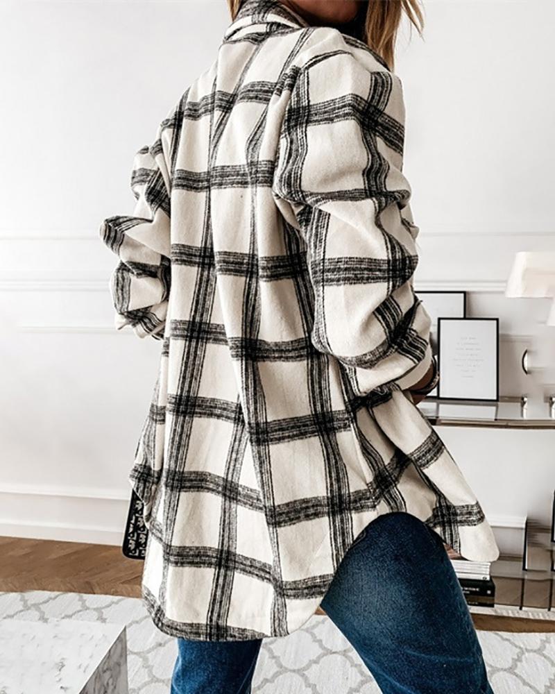 

Long Sleeve Buttoned Pocket Design Plaid Print Shacket, White