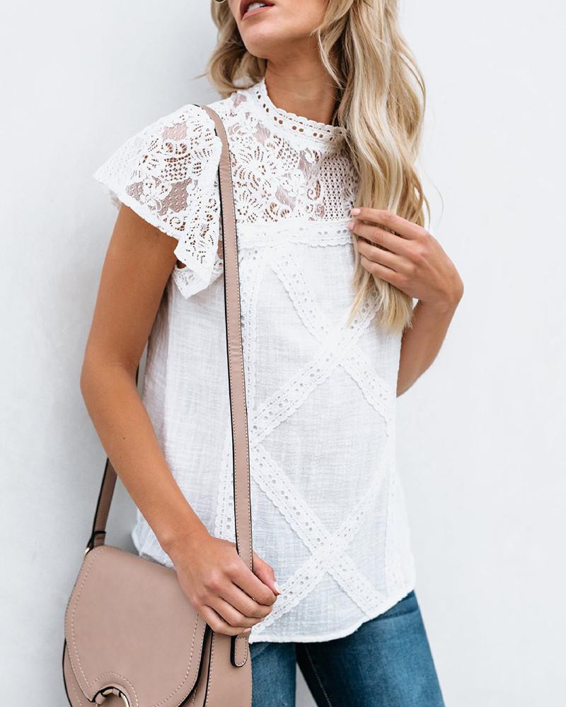 

Lace Hollow Out Short Sleeve T-shirt, White