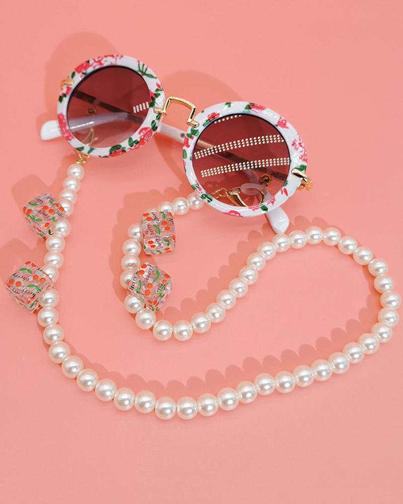 

Allover Pearls Decor Fruit Pattern Mask Lanyard Holder Chain Eyeglasses Chain, White