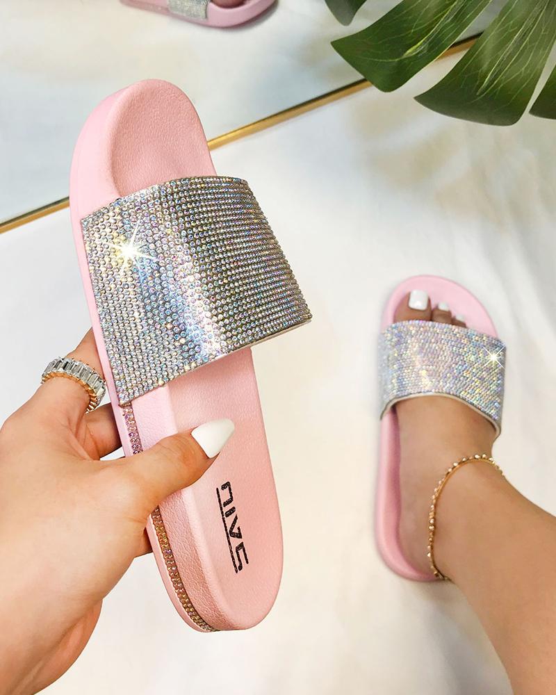 

Round-toe Splicing Rhinestone Platform Slippers, Pink