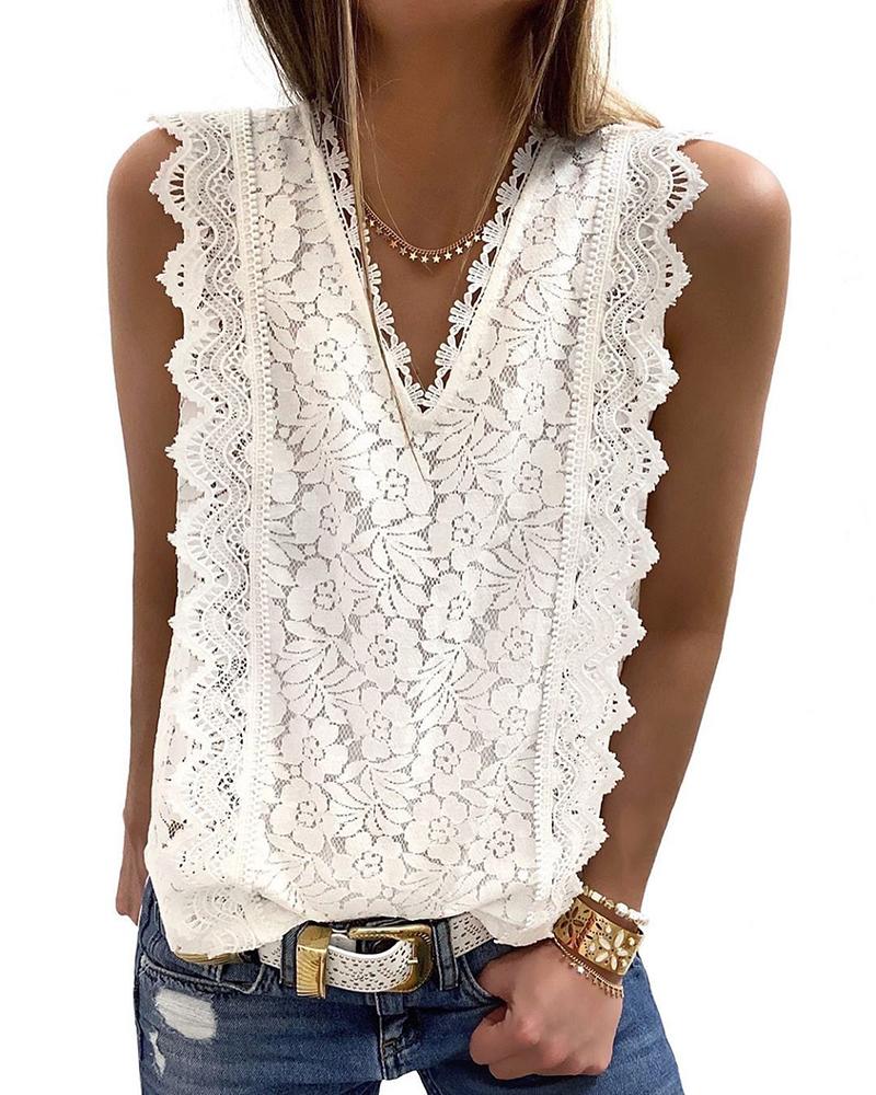 

V-Neck Crochet Lace Casual Tank Top, White