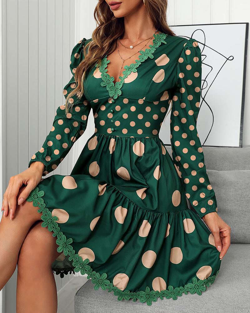 

Polka Dot Print Lace Trim Ruched Dress, Green