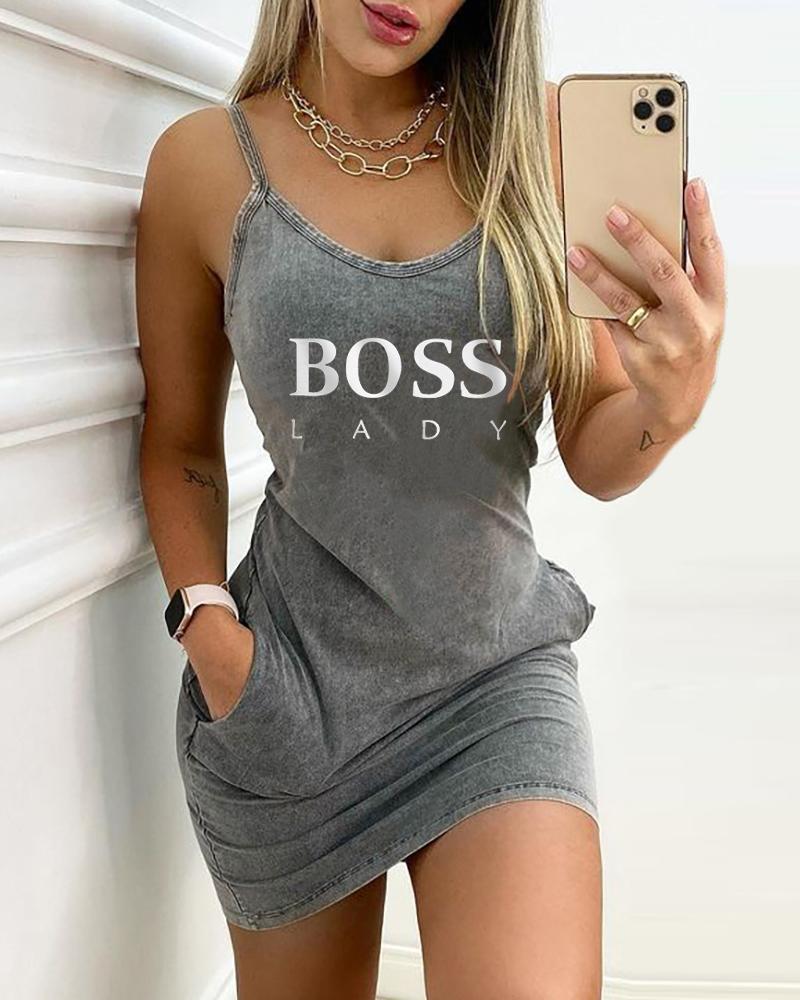 

Letter Pattern Print Pocket Design Backless Bodycon Cami Mini Denim Dress Female Sundress, Gray
