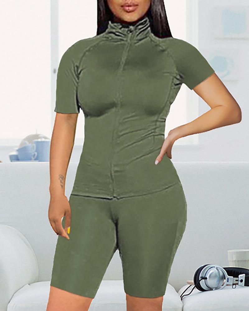 

Solid Short Sleeve Sporty Top & Shorts Set, Green
