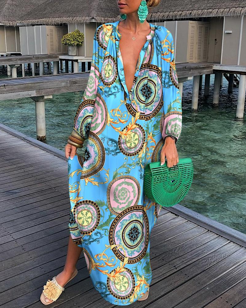 

Baroque Print Long Sleeve Shirt Dress, Blue