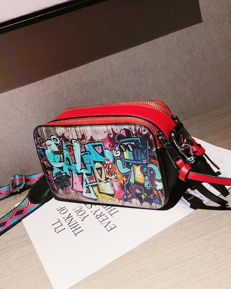 

Cartoon Letter Graphic Zipper Design Shoulder Bag, Red
