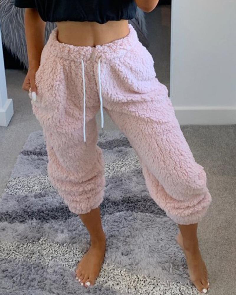 

High Waist Drawstring Fuzzy Pants, Pink