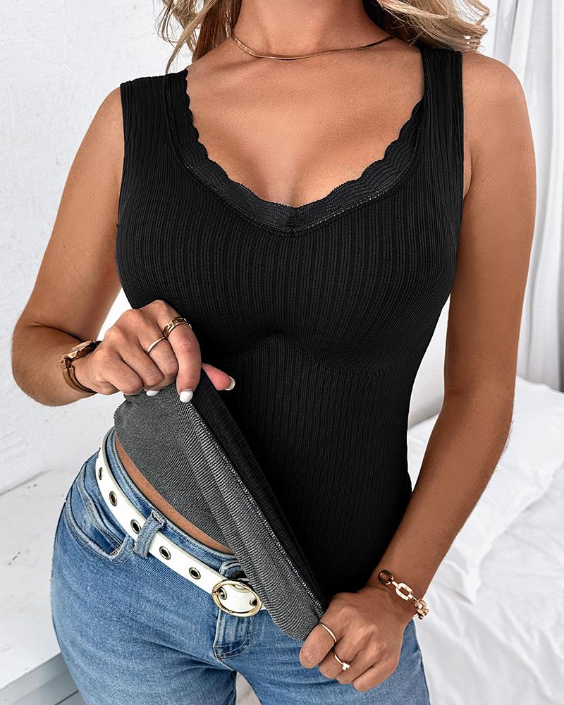 

Contrast Lace Warm Fleece Lined Padded Tank Top, Black