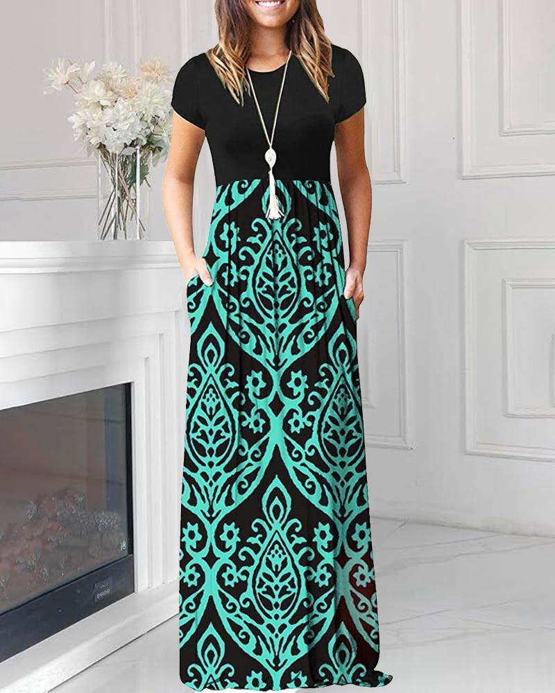 

Vestido longo com estampa floral em bloco de cores, gola redonda, manga curta, casual, bolso, design, linha A, vestido longo, Green