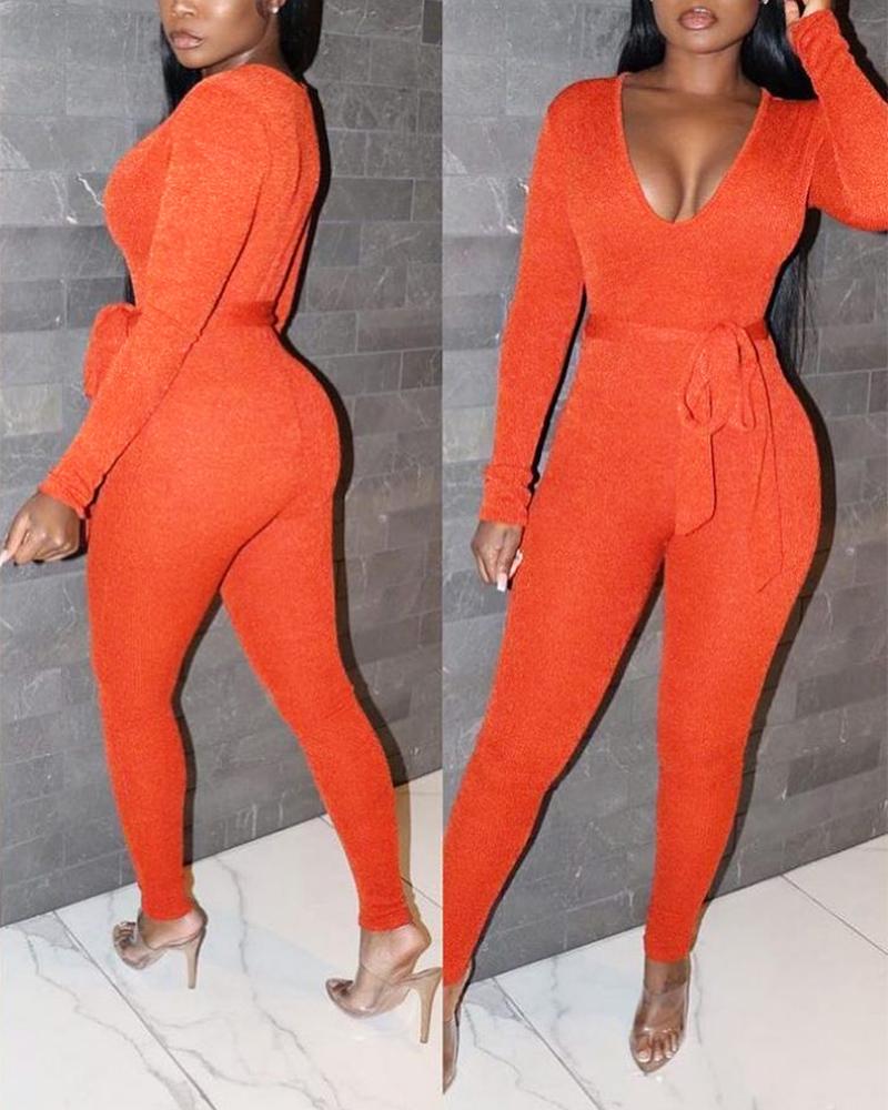 

Long Sleeve Skinny Jumpsuit With Belt, Orange