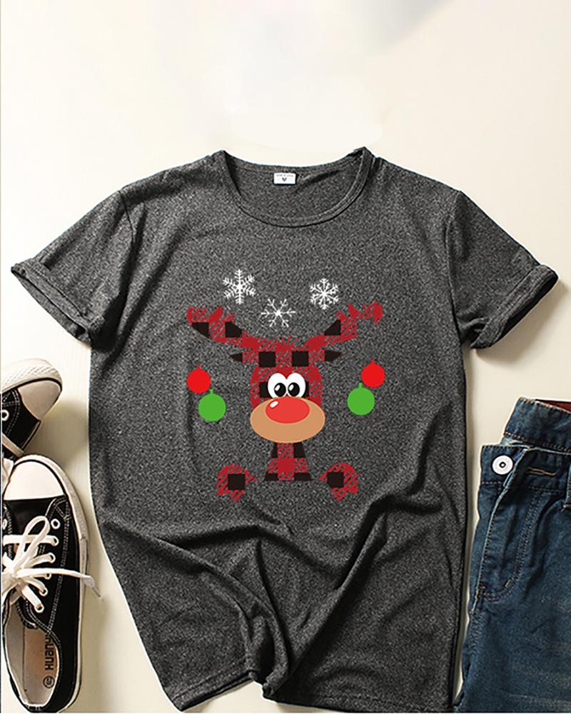 

Christmas Elk Snowflake Plaid Print Short Sleeve T-shirt, Gray