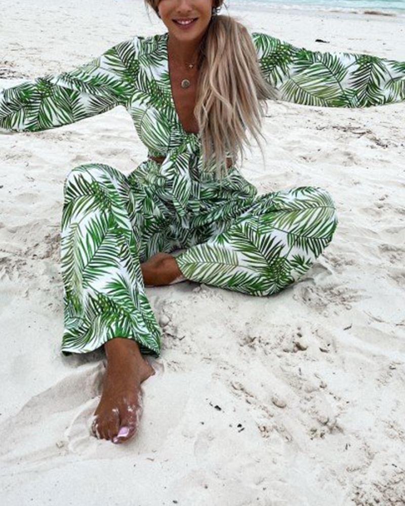 

Tropical Leaves Print Lace-up Long Sleeve Cropped Top With Pants Suit Sets, Green