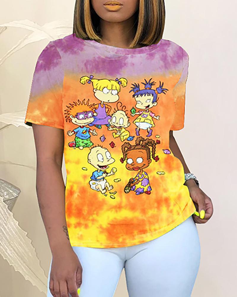 

Colorful Print Short Sleeve Casual T-shirt, Orange