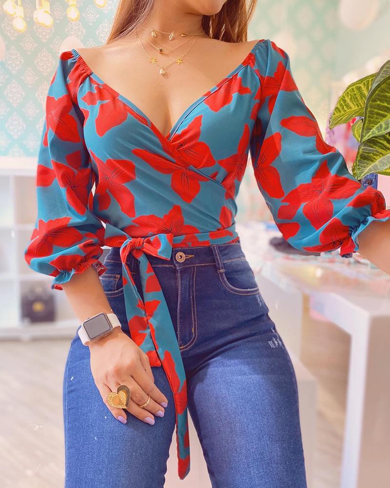 

Floral Print Lantern Sleeve Tied Detail Wrap Top, Turquoise blue