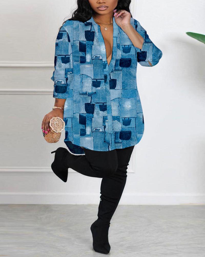 

Plus Size Denim Look Print Long Sleeve Shirt Dress, Blue