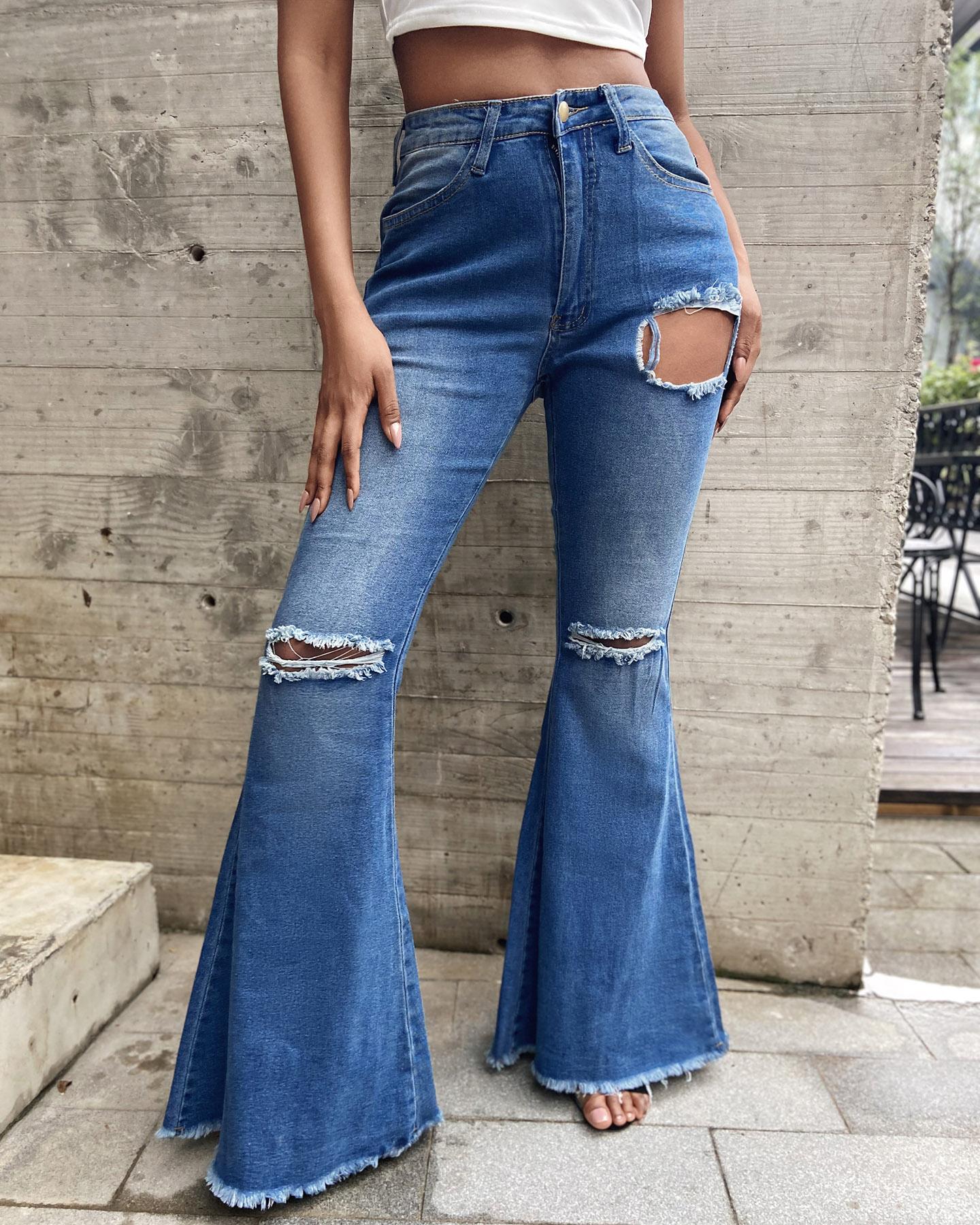 

Solid High Waist Bell-Bottom Distressed Jeans, Blue