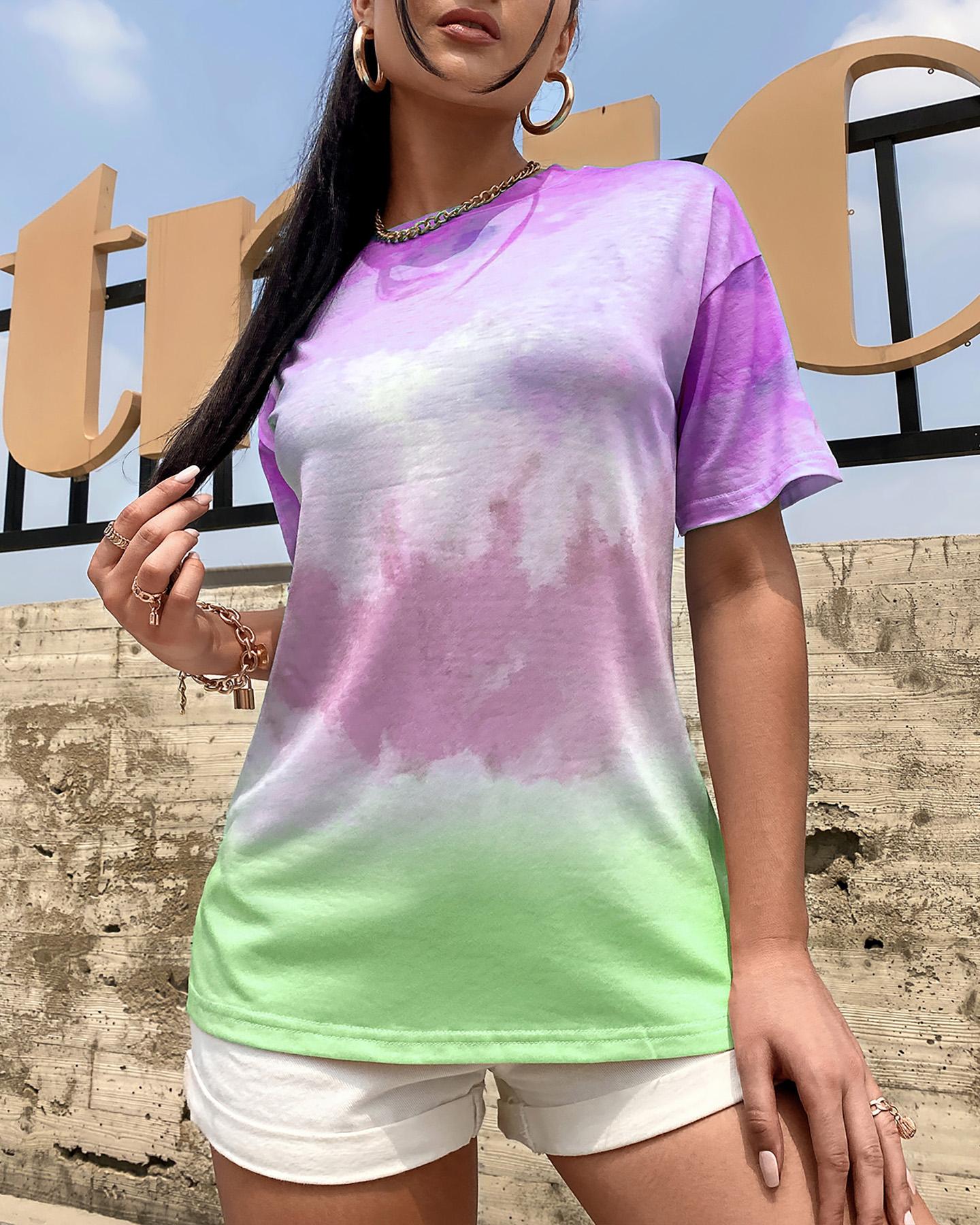 

Tie Dye Print Short Sleeve T-shirt, Purple