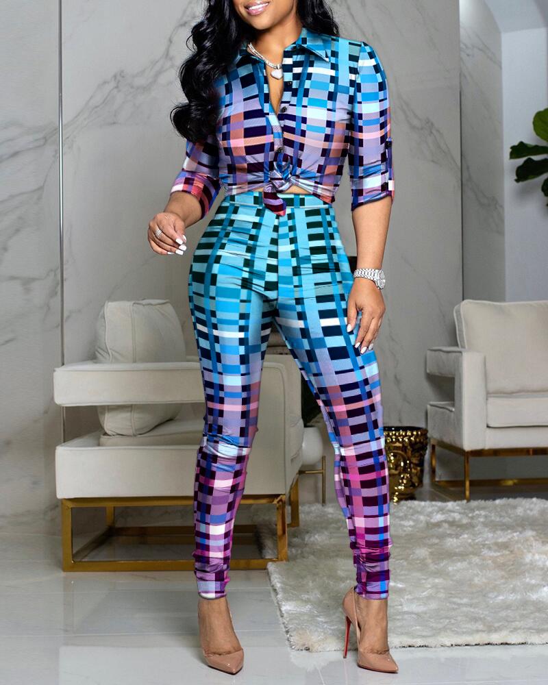 

Plaid Print Long Sleeve Shirt & High Waist Pants Set, Multicolor