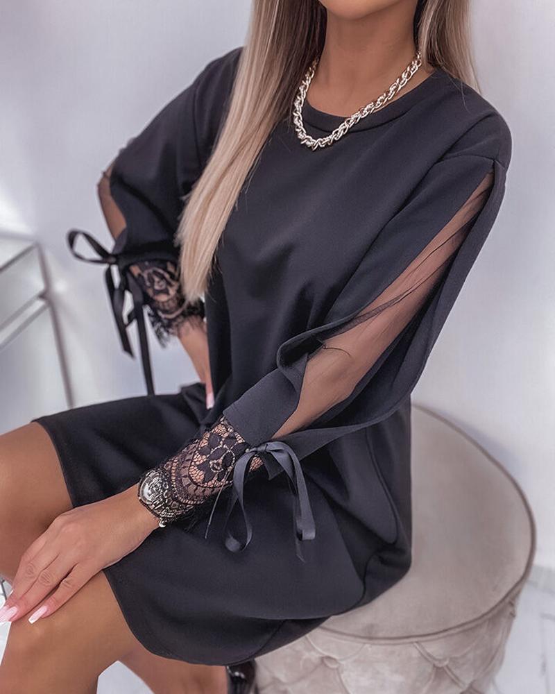 

Contrast Mesh Tied Detail Casual Dress, Black