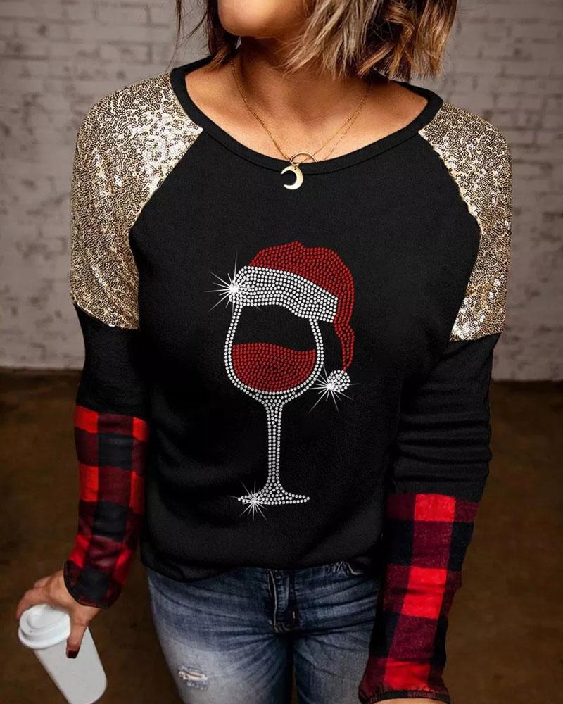 

Christmas Rhinestone Wine Glass Pattern Contrast Sequin Top, Black