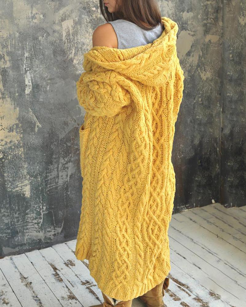 

Long Sleeve Cable Knit Hooded Cardigan, Yellow