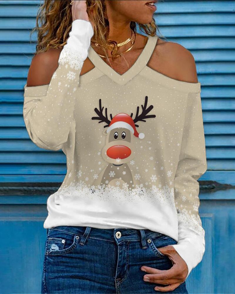 

Christmas Cold Shoulder Snowflake Elk Print Top, Apricot