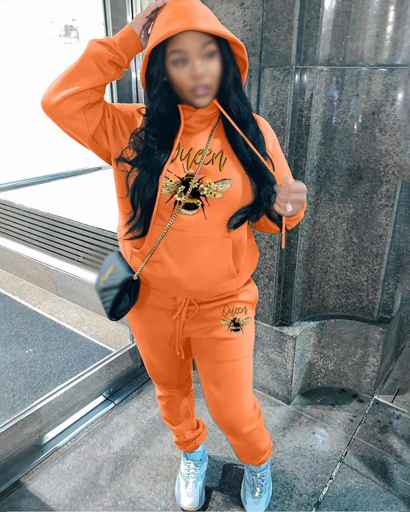 

Letter Bee Print Long Sleeve Hoodie & Pants Set, Orange
