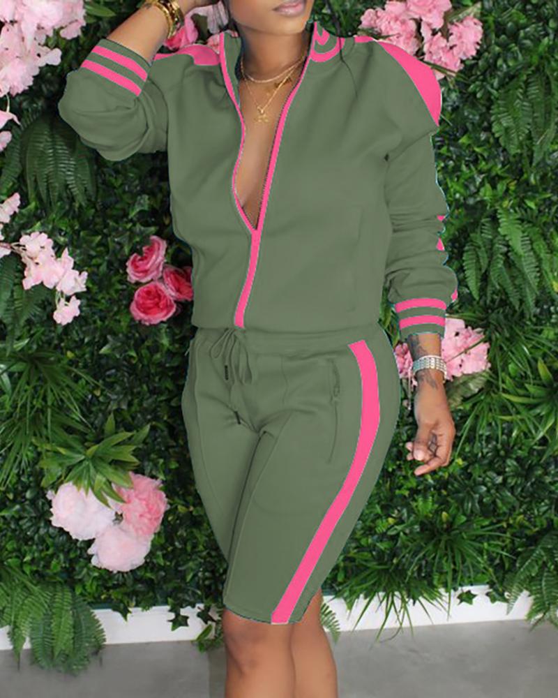 

Striped Tape Colorblock Coat & Drawstrign Shorts Set, Green