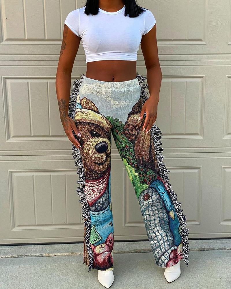 

Graphic Print Tassel Design Casual Pants, Green