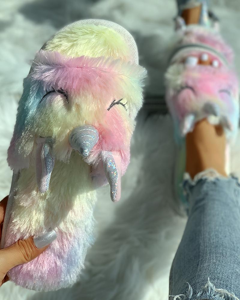 

Fluffy Unicorn Open Toe Flat Slippers, Multicolor