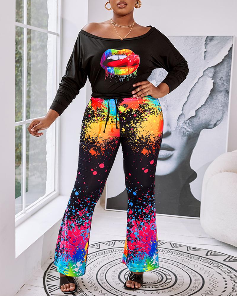 

Off Shoulder Lip Ink Splash Print Long Sleeve Jumpsuit, Black